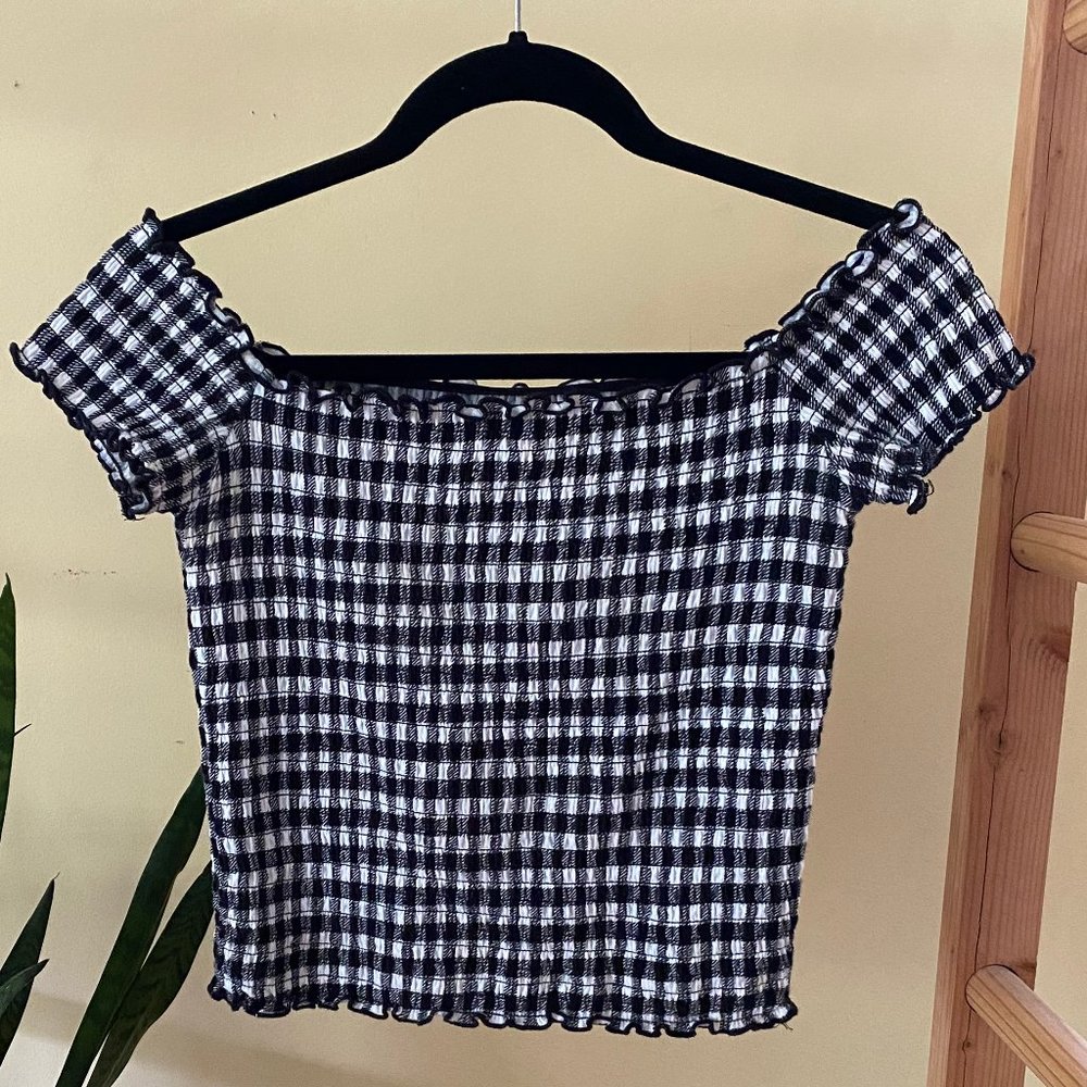 Hollister Smocked Off Shoulder Crop Top In Ginham